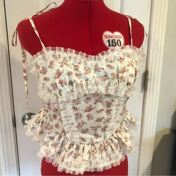 Adorable Floral Crop Top with Sheer Ruffle Trim and Bow Knot Straps - Picture 2 of 7